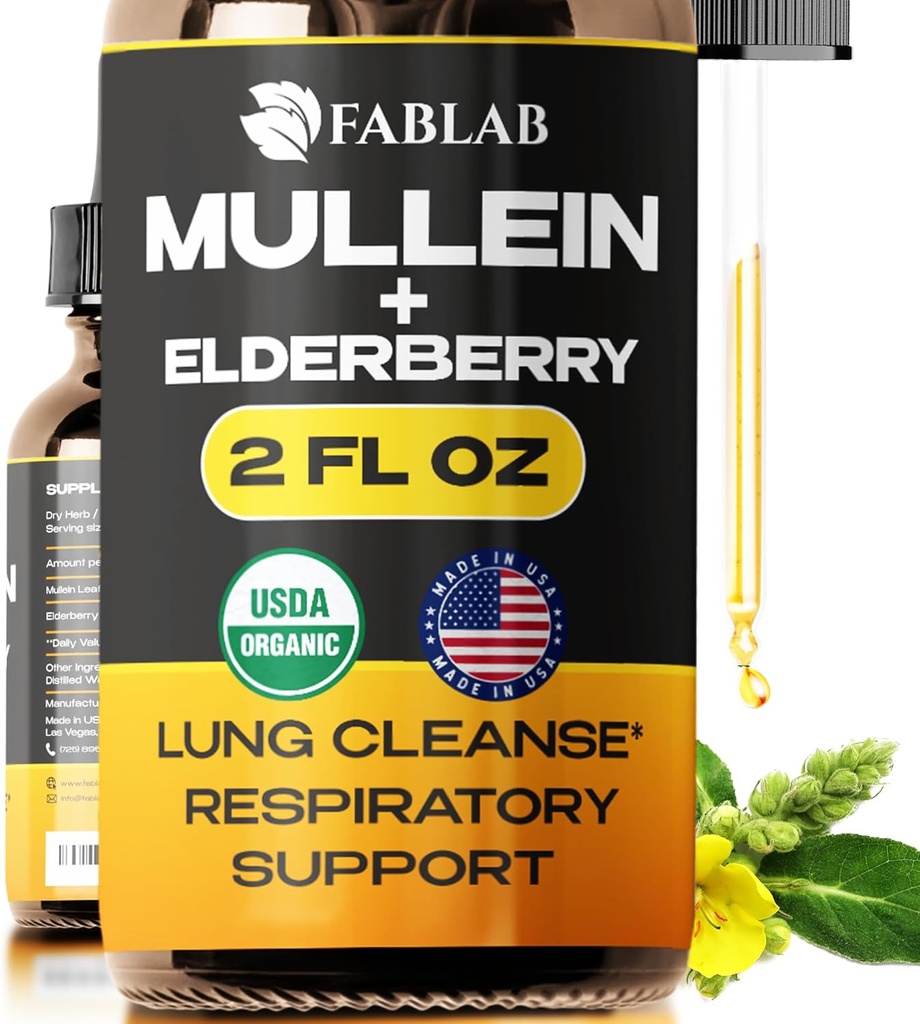 FabLab Mullein Leaf Extract with Elderberry 2 Fl Oz - Made in USA - Drops for Better Lung - Mullein Tincture for Lung Detox - Bronchial Cleanse for Smokers - Συμπληρώματα για το αναπνευστικό