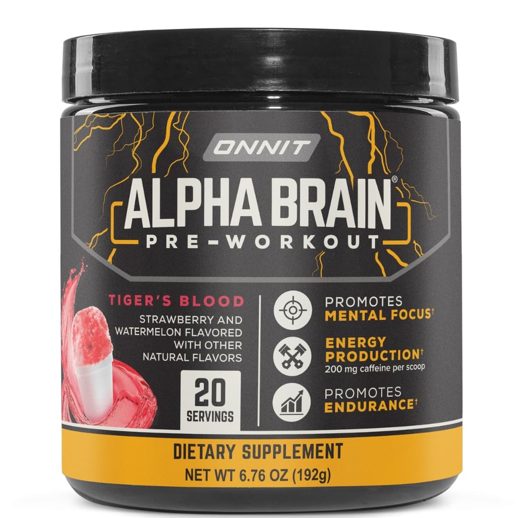 ONNIT Alpha Brain Pre-Workout Powder, IGENTM Non-GMO Tested, Tiger's Blood Flavor, Pre-Workout Supplement for Women and Men, Dietary Supplement, 20 Servings per Tub, 6.76 oz