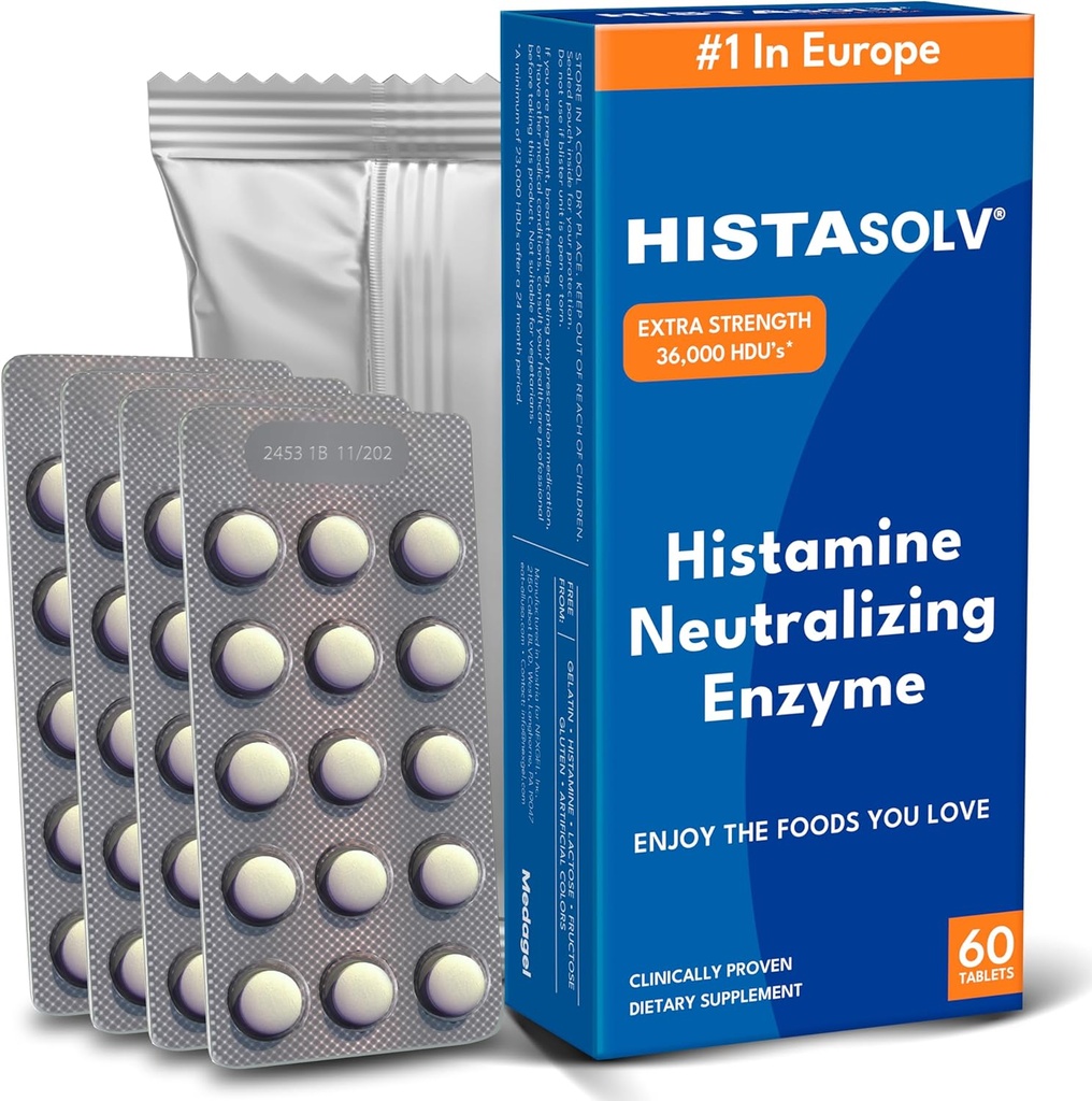 HISTAsolv Extra Strength DAO Enzyme Supplement for Histamine Food In ανοχή - Eases Digestive Disfort - Πατενταρισμένη τεχνολογία - Made in Austria - 60 Pack