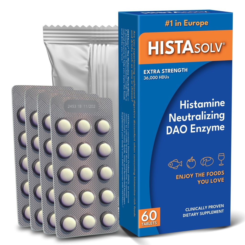 Medagel HISTAsolv Extra Strength DAO Enzyme Supplement for Histamine Food In ανοχή - Eases Digestive Disfort - Πατενταρισμένη τεχνολογία - Made in Austria - 60 Pack