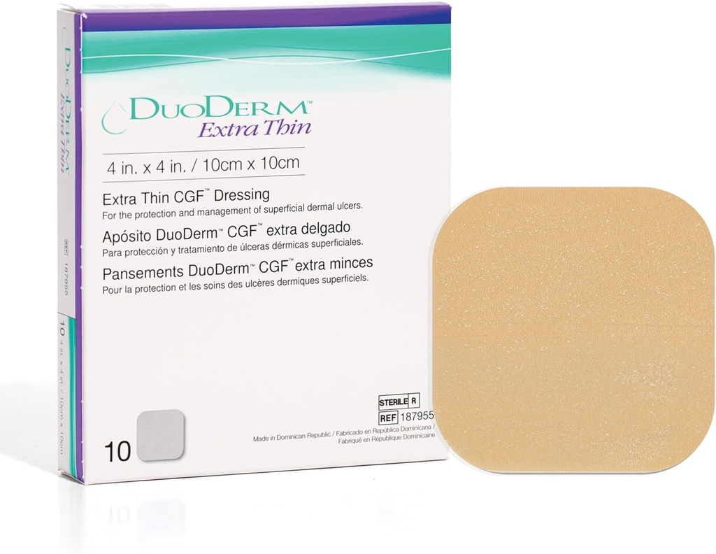 ConvaTec DuoDERM Extra Thin Control Gel Formula 4"x4" Hydrocolloid Sterile Adhesive Dressing for Superficial Wounds, Low Friction, Latex-Free, Waterproof, Square, Beige, 10ct Box