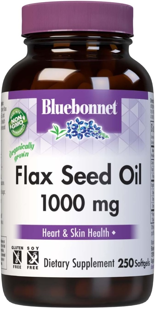 BlueBonnet Flax Seed Oil 1000 mg - Ωμέγα 3 6 9 Λιπαρά Οξέα Καρδιά Υγεία & Δερμάτινη Υποστήριξη για Γυναίκες & Άνδρες - Κρύο-Pressed, Organic Flaxseed Oil Capsules - Μη ΓΤΟ, Χωρίς Γλουτένη, Χωρίς Σόγια - 250 Softgels