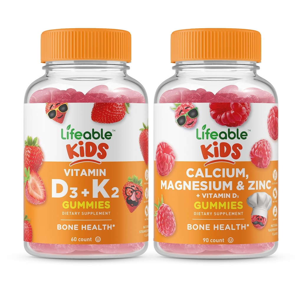 Βιώσιμη βιταμίνη D3 + Βιταμίνη K2 Kids + Ασβέστιο Μαγνήσιο & Ψευδάργυρος παιδιά, Gummies Bundle - Μεγάλη γεύση, συμπλήρωμα βιταμίνης, Χωρίς γλουτένη, GMO δωρεάν, Μασώμενα Gummy