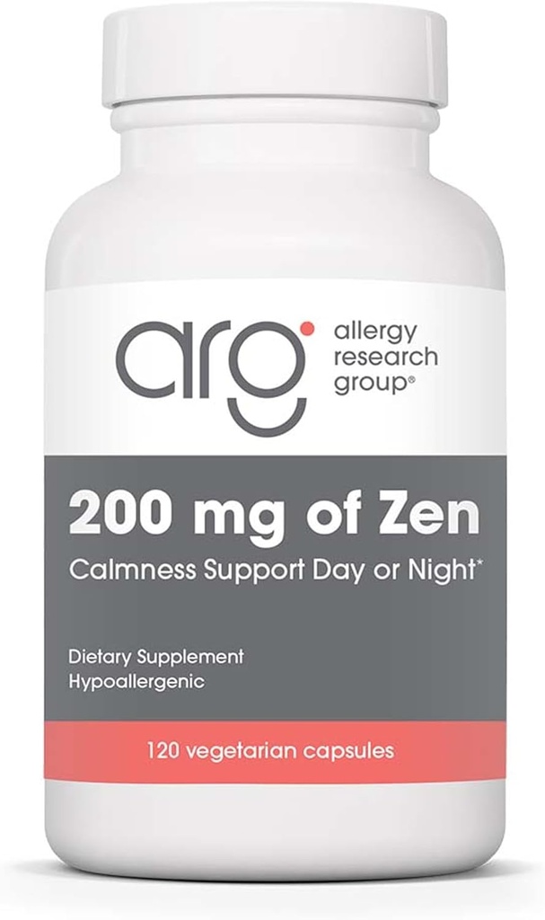 Ομάδα Έρευνας Αλλεργίας 200 mg Zen - GABA L-Theanine Supplement, Φυσική ηρεμία, ύπνος & χαλάρωση Υποστήριξη για γυναίκες & άνδρες, λήψη ημέρα ή νύχτα για χαλάρωση & ήρεμη ενέργεια - 120 κάψουλες χορτοφάγων