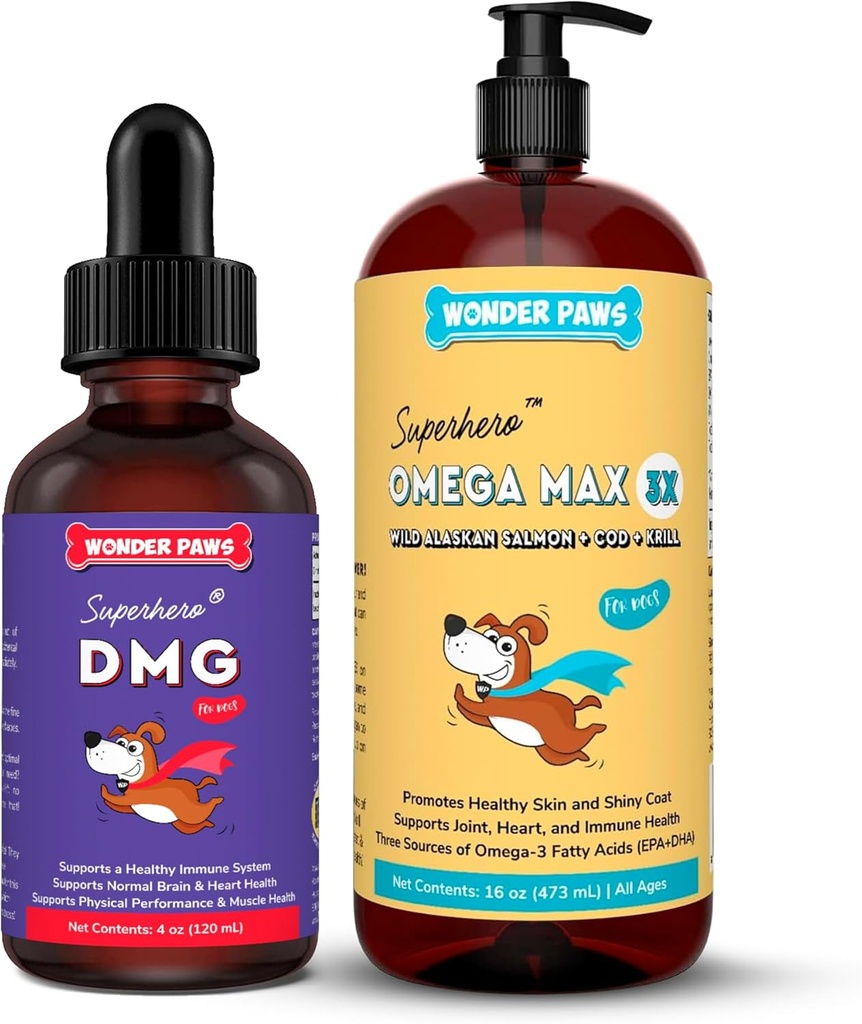 WONDER PAWS Premium DMG Liquid Plus Omega Max Fish Oil - for Dog's Immune Support, Skin, Allergies, Joint Care & Overall Health – DMG 4 Ounces - Omega Max 16 Ounces