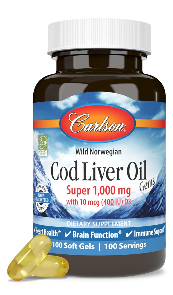 Carlson - Cod Liver Oil, Super 1000 mg + Βιταμίνες A & D3, Άγρια Νορβηγικά, Με Βιώσιμη προέλευση, 100 Softgels