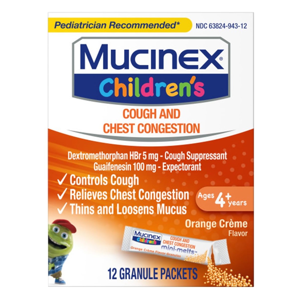 Mucinex Παιδική Θωρακική Συμφορητική Προσδοκώμενη και Βήχας Καταπιεστικό Mini-Melts, Πορτοκαλί Κρέμα, 12 Count (Packaging May Vary)