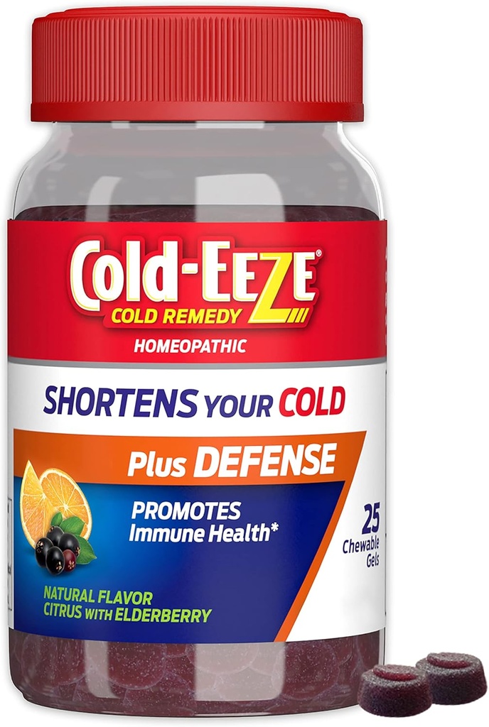 Cold-EEZE Plus Defense Natural Citrus & Elderberry Zinc Chewable Gels, Ομοιοπαθητική Ψυχρή Θεραπεία, Συντομεύει τα κοινά ψυχρά συμπτώματα, Προάγει την Ανοσολογική Υγεία με Sambucus Nigra, Echinacea & Rose Hips, 25 Ct