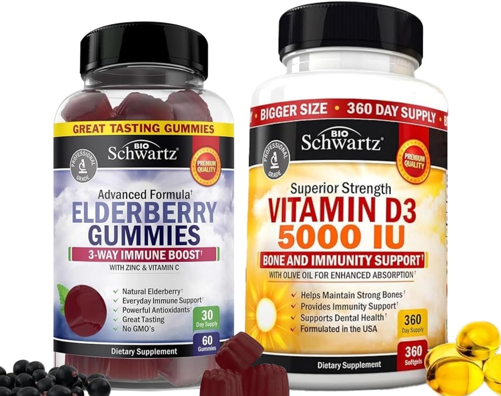 BioSchwartz Gummys Elderberry με ψευδάργυρο και βιταμίνη C για ενήλικες Ανοσοποιητική υποστήριξη (1 μήνας προσφοράς) Συν υψηλή αντοχή βιταμίνη D3 5000 IU 125 mcg (1 έτος προσφοράς)