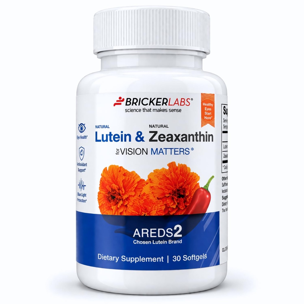 Bricker Labs Φυσική Lutein + Zeaxanthin Συμπλήρωμα ματιών – Υποστηρίζει τα μάτια, τον εγκέφαλο, και την υγεία του δέρματος με τα καροτενοειδή Macular, Superior βιοδιαθεσιμότητα, AREDS2 Chosen Lutein Source – 60 Soft Gels