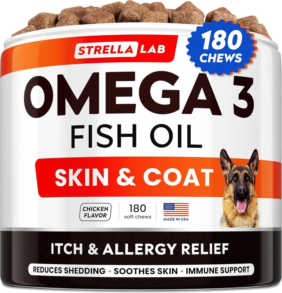 StrellaLab Omega 3 για σκύλους - (180Ct) Ιχθυέλαιο Θεραπείες - Αλλεργία & Itch Relief Skin & Coat Supplement - Ξηρό Ίτσι Δέρμα, Αντι Shedding & Hot Spots Θεραπεία - Κατοικίδια Μασουράκια Λάδι σολομού - Κοτόπουλο Γεύση