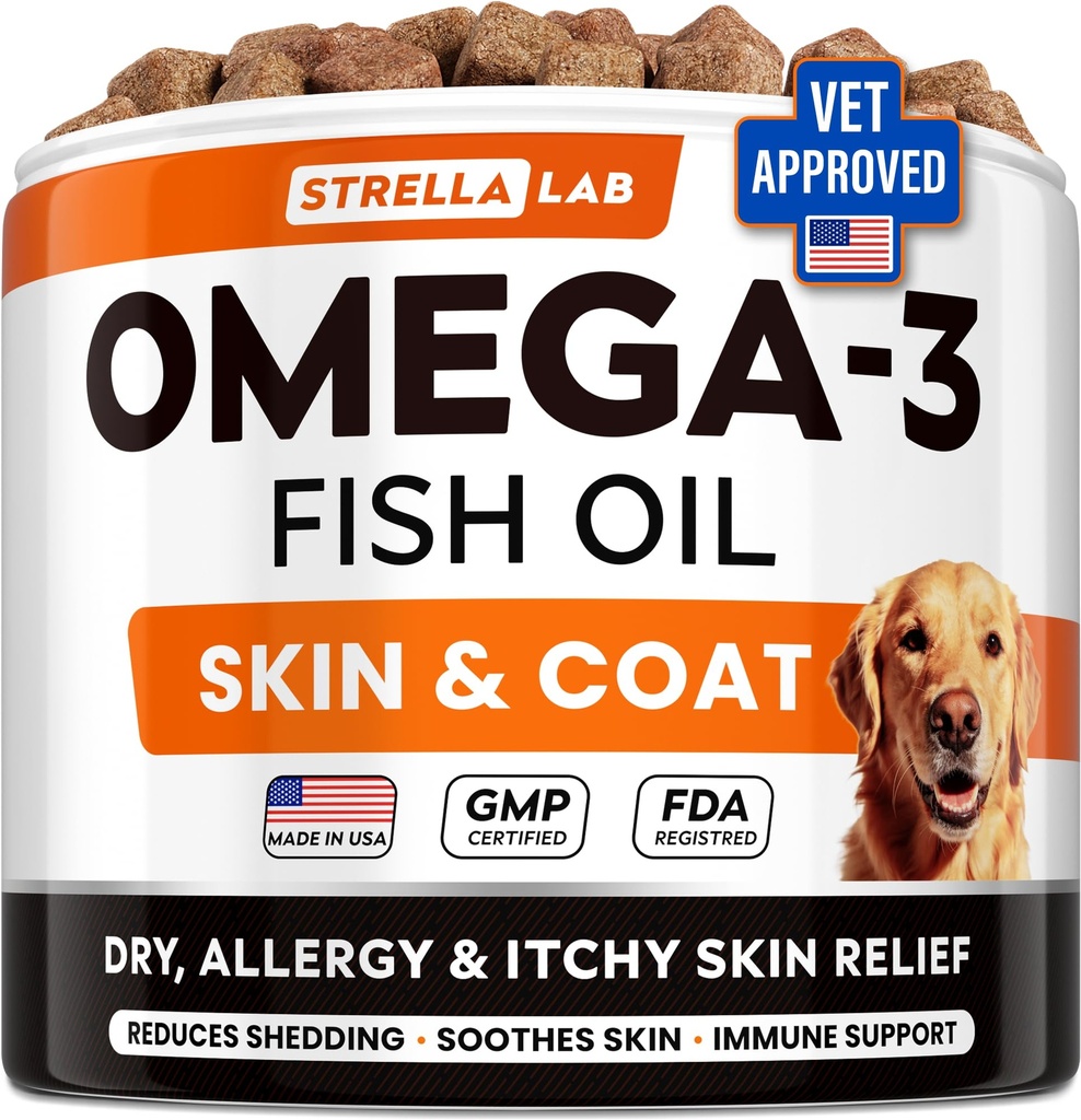 StrellaLab Omega 3 για σκύλους - (180Ct) Ιχθυέλαιο Θεραπείες - Αλλεργία & Itch Relief Skin & Coat Supplement - Ξηρό Ίτσι Δέρμα, Αντι Shedding & Hot Spots Θεραπεία - Κατοικίδια Μασουράκια Λάδι σολομού - Κοτόπουλο Γεύση