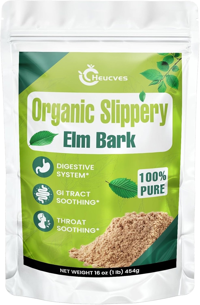 Slippery Elm, Slippery Elm Powder Organic, Elm Bark Made from Inner Bark - 1 Λίβρα (349 Servings), Φυσικά Βότανα Βοηθάει στην Κατάποση Το Λαρύγγι και ο Βήχας & Digestive, Διάρροια - 100% Καθαρό & Vegan
