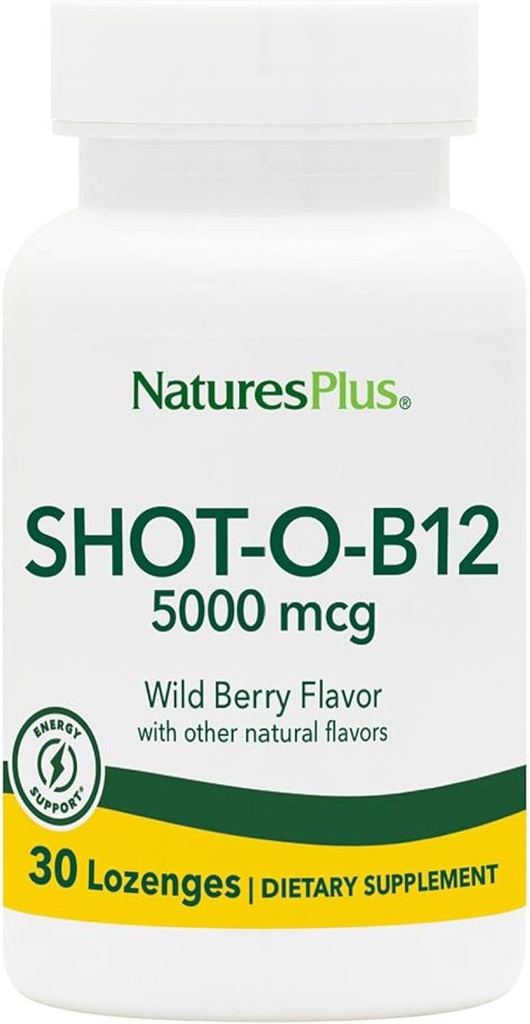 NaturesPlus Shot-O-B12-30 Lozenges, Άγρια γεύση μούρου - 5000 mcg - Vegan, χωρίς γλουτένη - 30 εξυπηρετούν