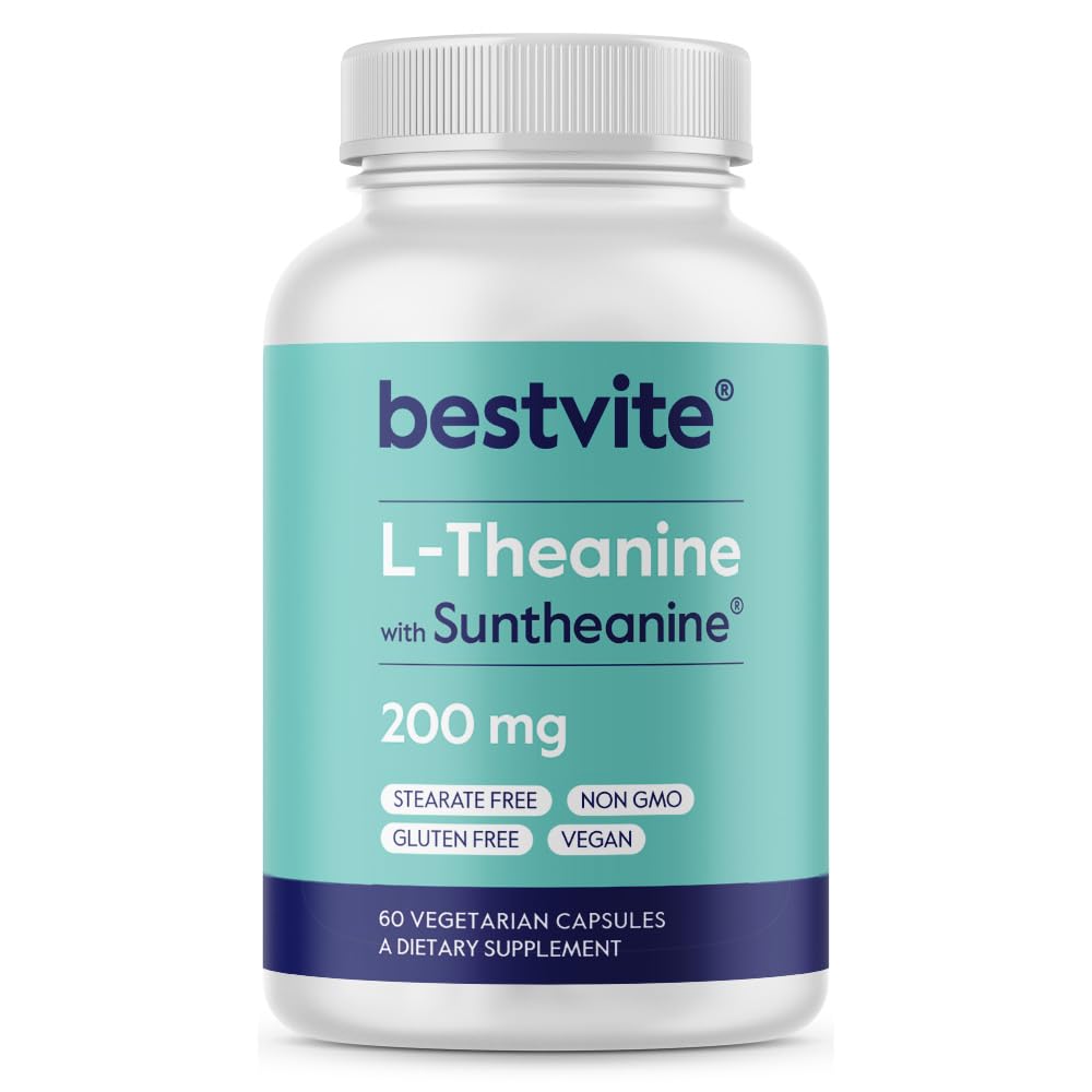 BESTVITE διπλή δύναμη Suntheanine L-Θεανίνη 200mg – Πατενταρισμένη & κλινικά Σπουδασμένη – 60 κάψουλες χορτοφάγων – Vegan – Δεν Stearates – Μη ΓΤΟ – Χωρίς γλουτένη – Υποστήριξη χαλάρωσης