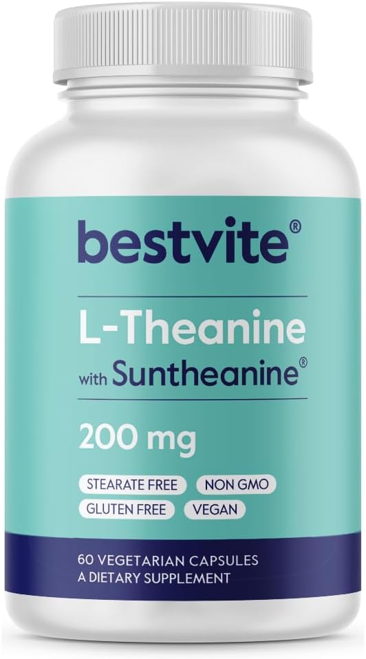 BESTVITE διπλή δύναμη Suntheanine L-Θεανίνη 200mg – Πατενταρισμένη & κλινικά Σπουδασμένη – 60 κάψουλες χορτοφάγων – Vegan – Δεν Stearates – Μη ΓΤΟ – Χωρίς γλουτένη – Υποστήριξη χαλάρωσης