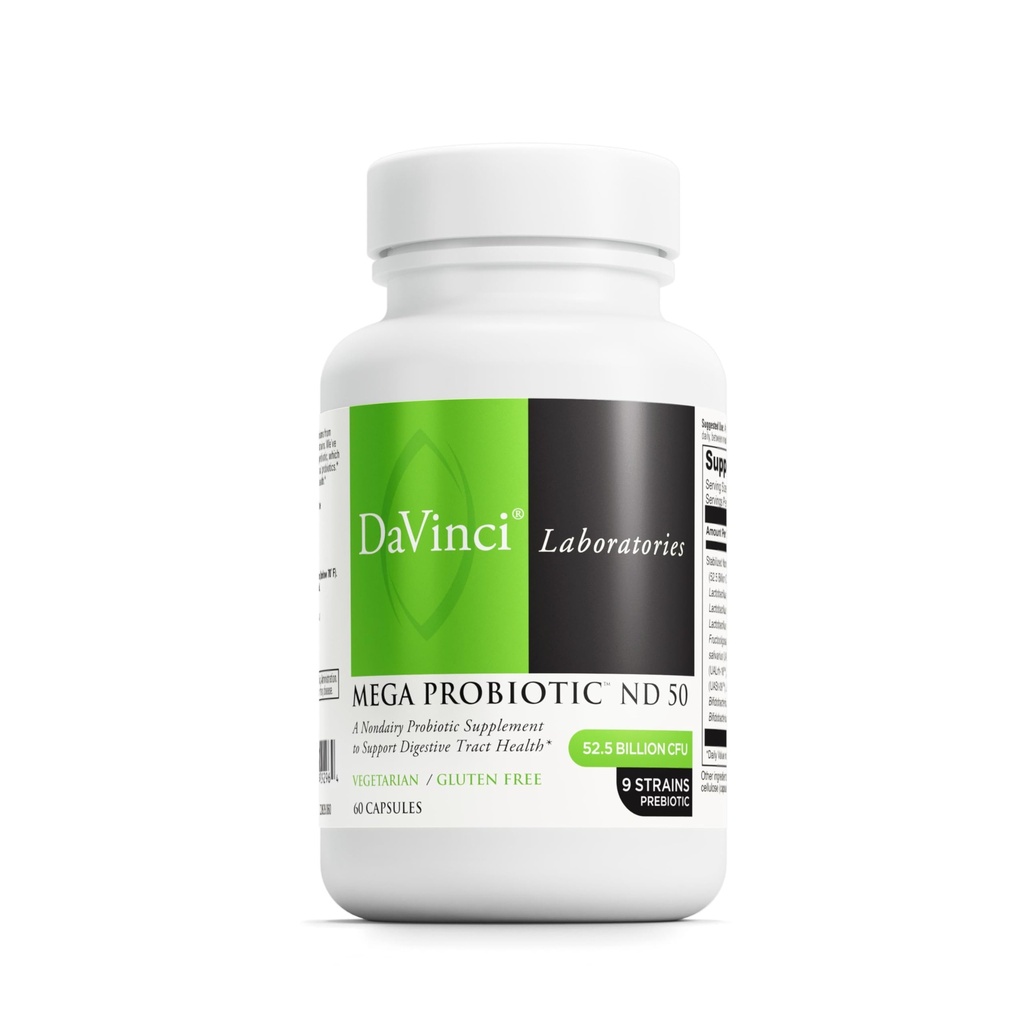 DAVINCI Labs Mega Probiotic ND 50 - μη γαλακτώδες προβιοτικό συμπλήρωμα με προβιοτικές ίνες - Digestive & Immune Health Support* - Υποστήριξη ούρων με Ωφέλιμα βακτήρια* - 60 κάψουλες χορτοφάγων