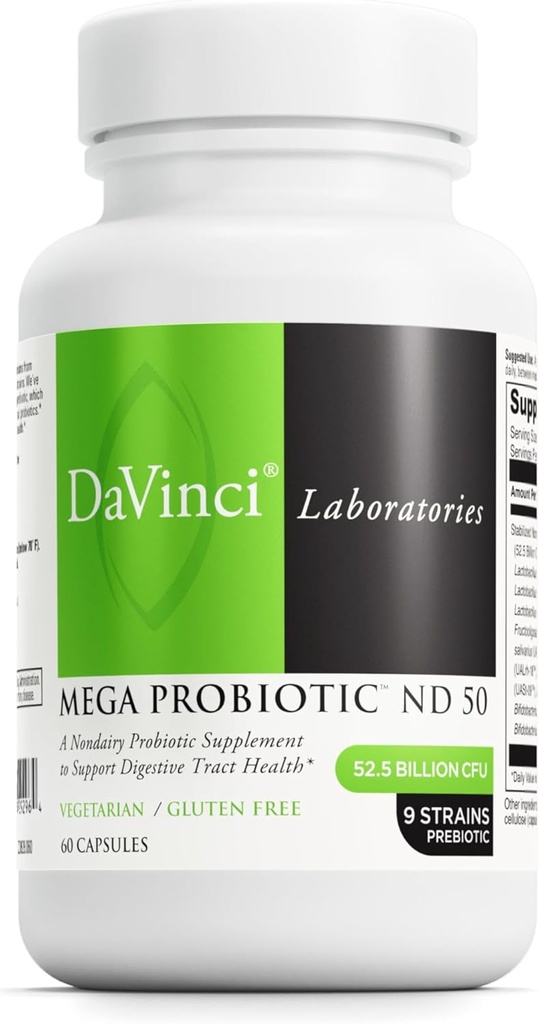 DAVINCI Labs Mega Probiotic ND 50 - Non-Dairy Probiotic Supplement with Prebiotic Fiber - Digestive & Immune Health Support* - Gut Support with Beneficial Bacteria* - 60 Vegetarian Capsules