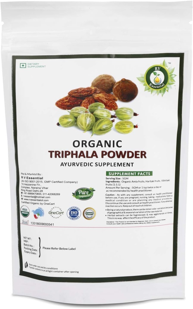 R V Απαραίτητη οργανική σκόνη Triphala 200gm/ 7, 05oz/ 0, 44lb- Κατασκευασμένο από Χαριτάκη, Βιμπιτάκη και Άμλα 1:1:1 Triphala Churna Powder USDA Organic Certified Ayurvedic Herbal Supplement in Zip Lock Pouch