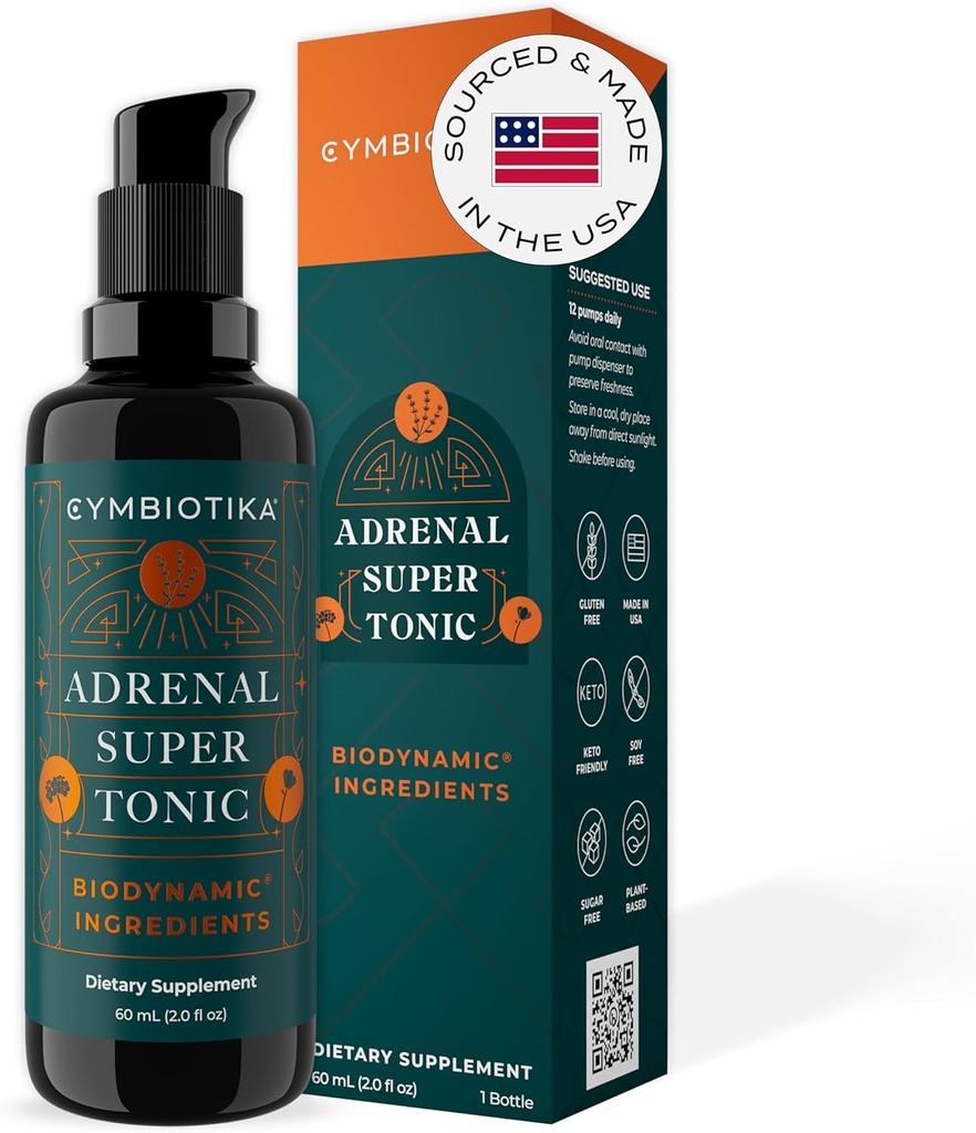 CYMBIOTIKA Adrenal Super Tonic Liquid Supplement με Ashwagandha, Ψευδάργυρο, Λεβάντα, Ιερό Βασίλειο, για Ανοσολογική Υποστήριξη & Χαλάρωση, Χωρίς Γλουτένη, Vegan, Keto, Berry, 2 fl oz