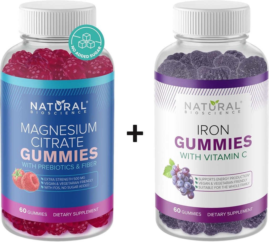 Χωρίς ζάχαρη Μαγνήσιο Gummies για Ενήλικες 500 mg & Iron Gummies με Βιταμίνη C για Ενήλικες & Παιδιά, Vegan, Χωρίς Γλουτένη, Χαλάρωση, Ενεργειακή Υποστήριξη, Μη ΓΤΟ, 60 Gummy Βιταμίνες