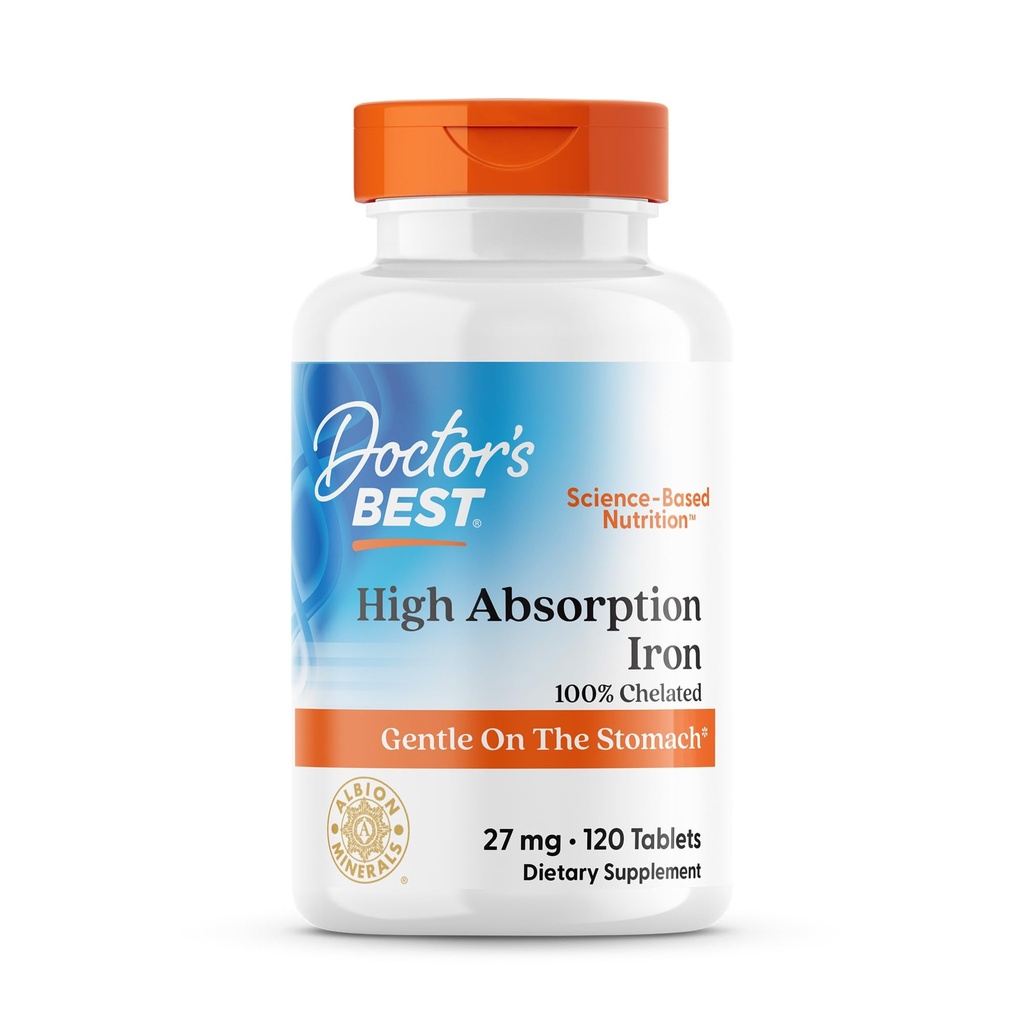 Doctor's Best High Abvorvation Iron Tablet with Ferrochel, Gentle on The Stomach, Immune Health, Blood Health, 27 mg
