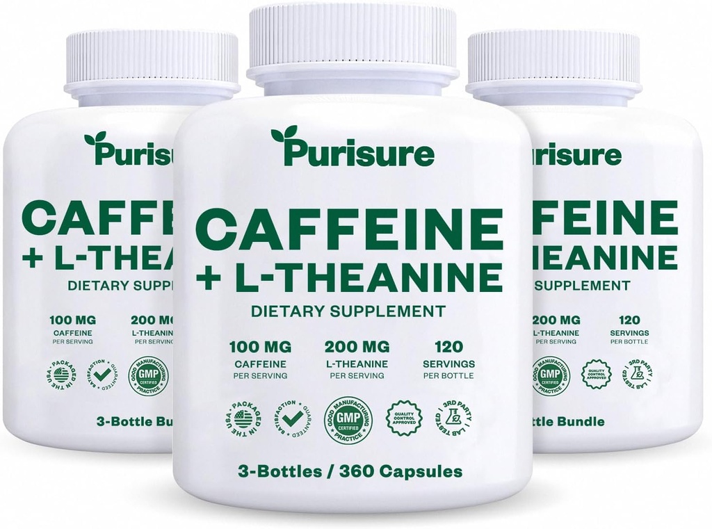 Χάπια 100mg καφεΐνη + 200mg L Θεανίνη για την ενέργεια προ προπόνησης, και χάπια καθαρής ενέργειας για τη κόπωση, Nootropic συμπλήρωμα, 120 Ημέρα προσφοράς, Συσκευασία των 3