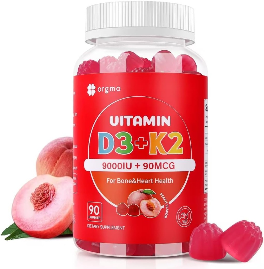 Βιταμίνη D3 K2 Gummies Χωρίς ζάχαρη, K2 D3 Συμπλήρωμα βιταμίνης 9000 IU για ενήλικες γυναίκες Μυϊκά Δόντια Ανοσοποιητική Υποστήριξη 90 Counts, Ροδάκινο Γεύση