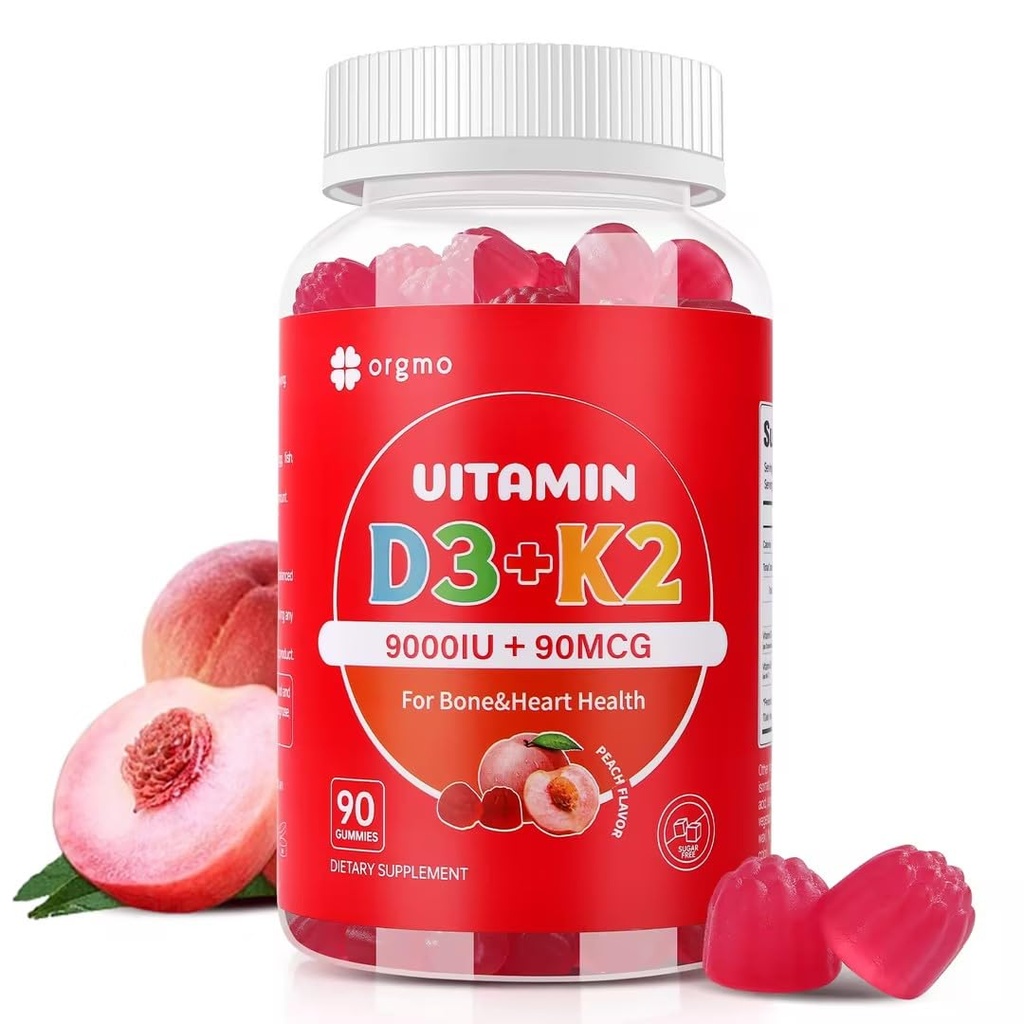 Vitamin D3 K2 Gummies - 90 Count Sugar Free Vitamin D3 9000 IU + K2(MK-7) 90 mcg for Bone & Immune Health, Vegan Chewable K2 D3 Vitamin Supplement for Women Men (Peach Flavor)