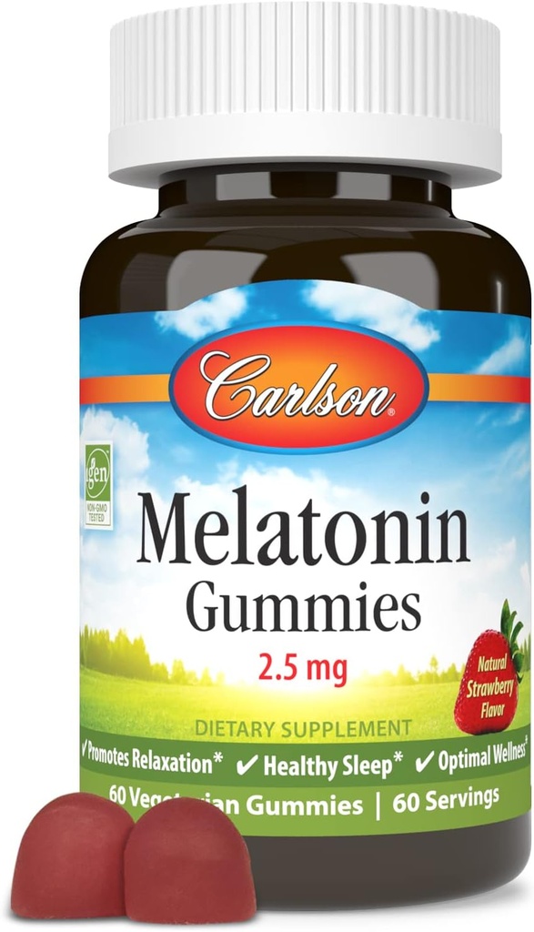 Carlson - Melatonin Gummies, 2.5 mg, Healthy Sleep, Promotes Relaxation, Natural Strawberry Flavor, 60 Gummies