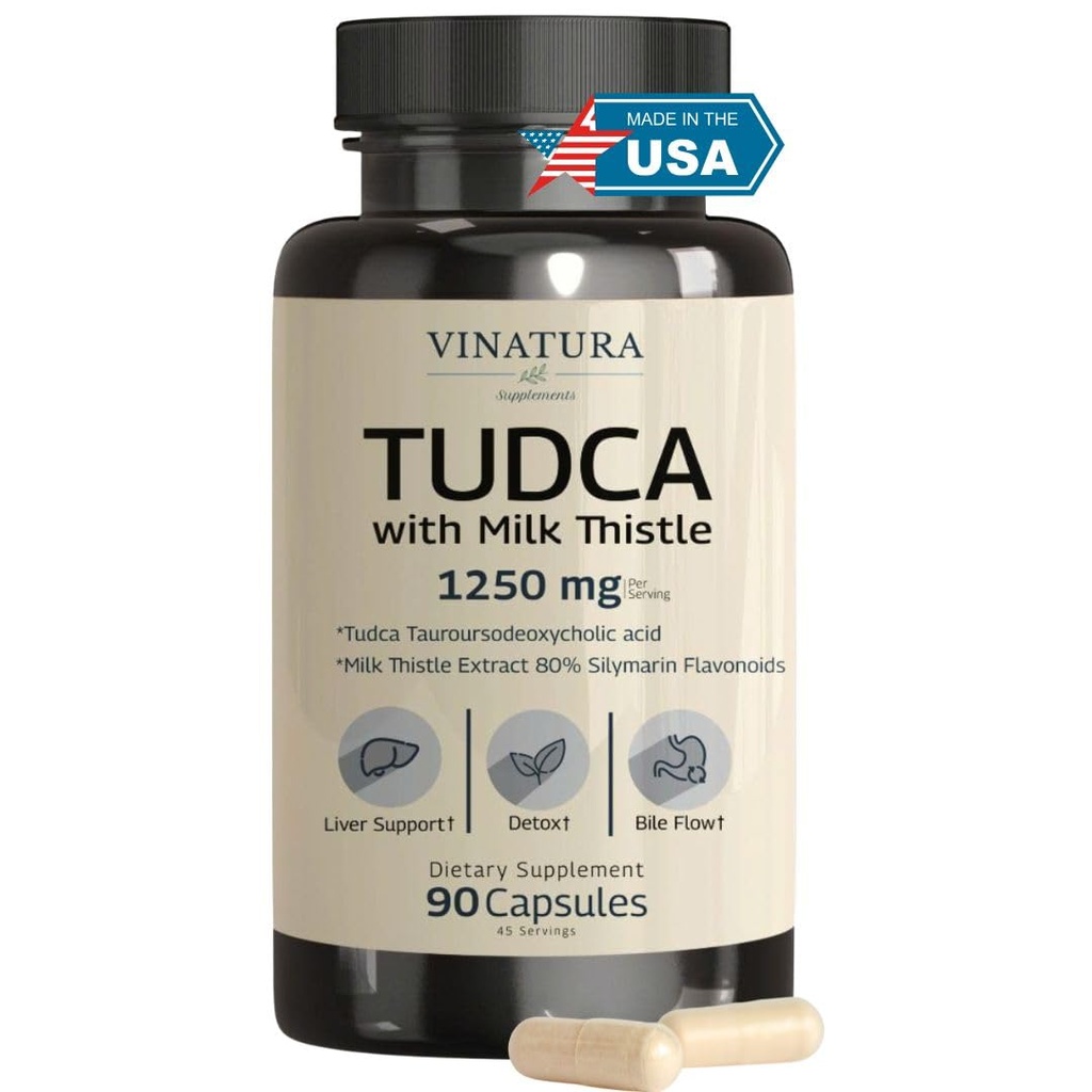 VINATURA Tudca γάλα γαϊδουράγκαθο 1250mg - συμπλήρωμα Tudca, Tudca Bile Αλάτια, υποστήριξη ήπατος, Συμπληρώματα χοληδόχου κύστης *USA Made and Tested* Bile Salts συμπλήρωμα - 90 κάψουλες