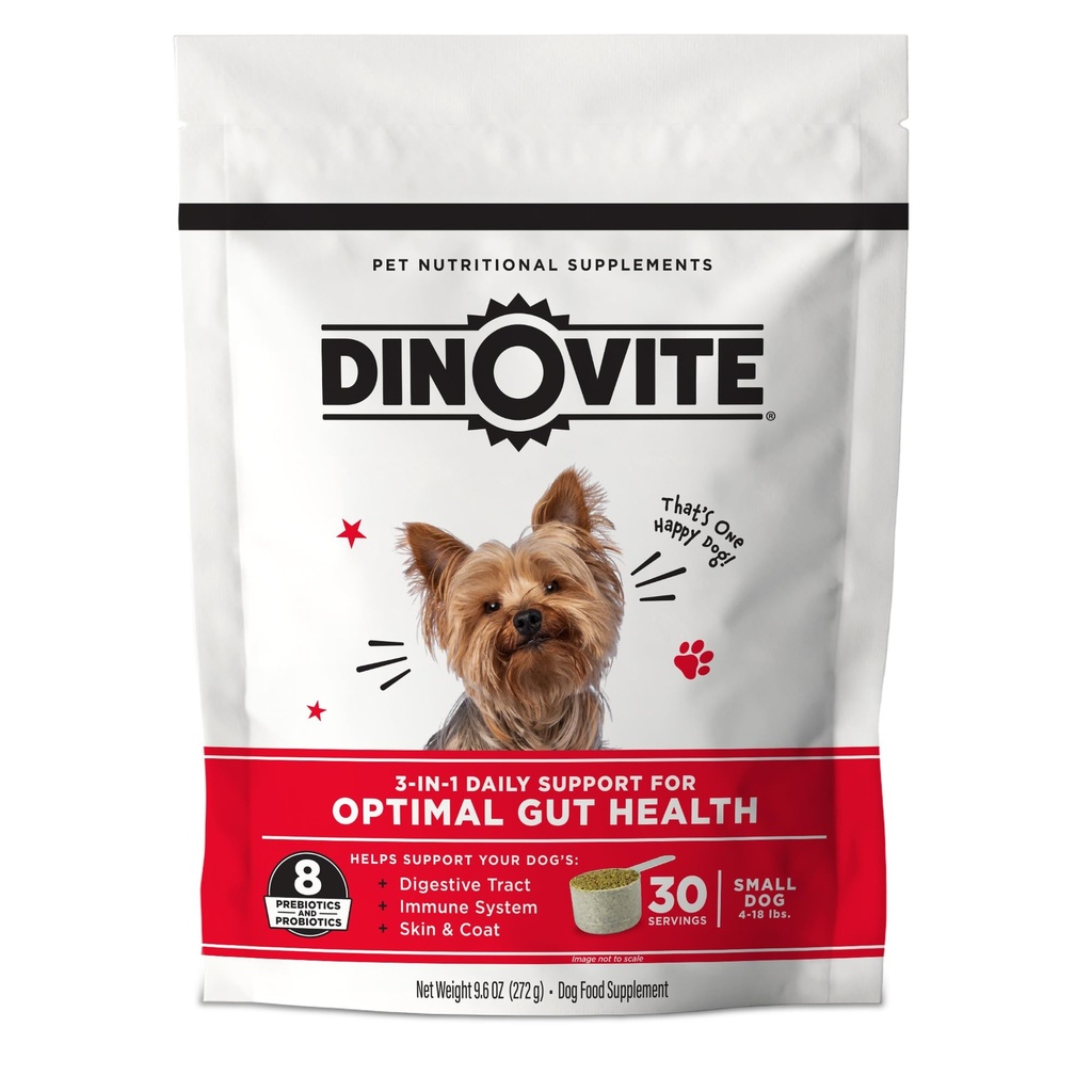 Dinovite Probiotics for Small Dogs, Probiotic Food Topper, 30 Servings | Probiotic Powder Food Topper, Omega-3 Fatty Acids, Digestive Health Support, Skin & Coat Health, For Small Dogs 1-18 lb