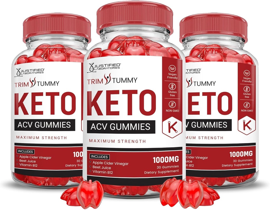 Justified Laboratories (3 Pack Trim Tummy Keto ACV Μηλίτης Ξύδι μήλου Formulated with Ρόδι Σκόνη Χυμού Β12 Vegan Non GMO 180 Gummies