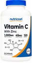 Nutricost Βιταμίνη C με κάψουλες ψευδαργύρου, 120 σέρβις - 1000mg, 45mg ψευδάργυρος, μη ΓΤΟ, συμπλήρωμα χωρίς γλουτένη βιταμίνη C