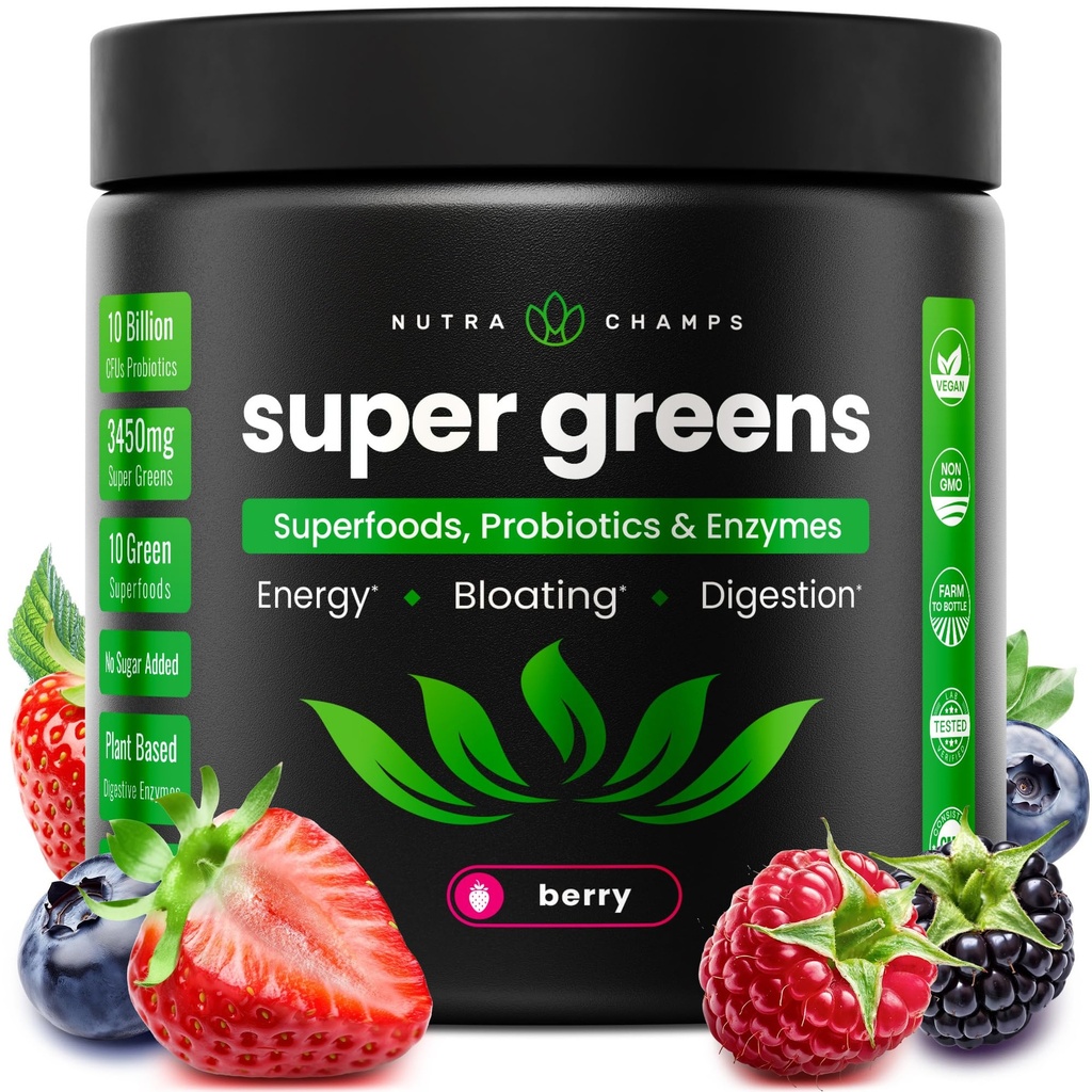 SuperGreens Powder, 40+ Organic Superfoods, Probiotics & Enzymes for Energy, Digestion, Gut Health & Bloating 