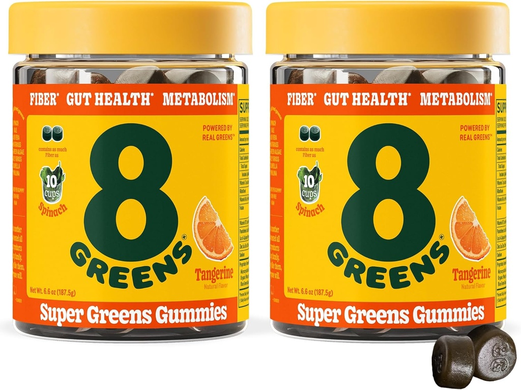 8Greens Daily Fiber Super Greens Gummies - Tangerine Flavor: Ενισχύστε το ανοσοποιητικό σύστημα & Digestive Health with 8 Real Greens - Μη ΓΤΟ Formula, Chewables, 50 Vegan Gummies, Pack of 2