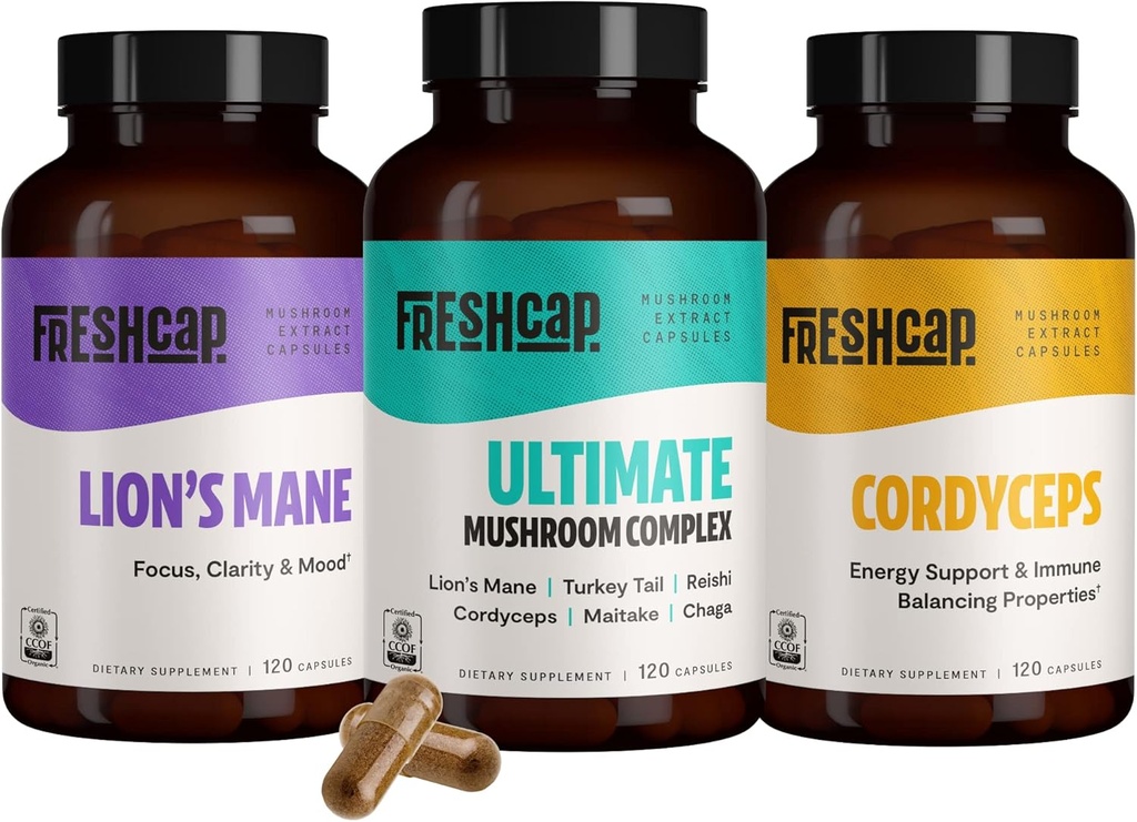 FreshCap Μανιτάρια Δημοφιλή Μανιτάρια Bundle, Κάψουλες (Lions Mane, Cordyceps, Ultimate Mushroom Complex) Κάψουλες