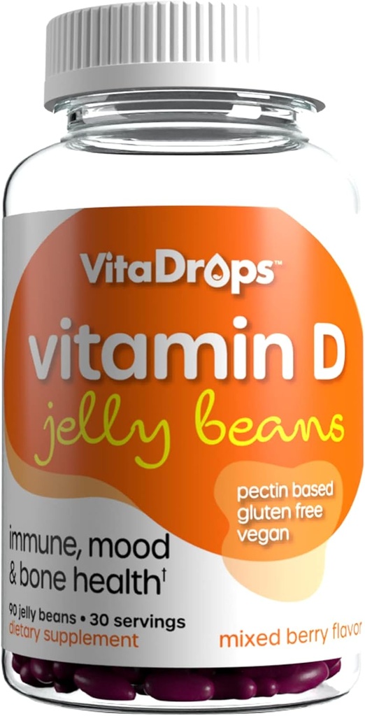 Βιταμίνη D Jelly Beans, υποστηρίζει την υγεία του ανοσοποιητικού, προωθεί την υγεία των οστών, με βάση την πηκτίνη, χωρίς λαχανικά και γλουτένη, μικτή γεύση μούρου, 90 Jelly Beans, 30 εξυπηρετούν
