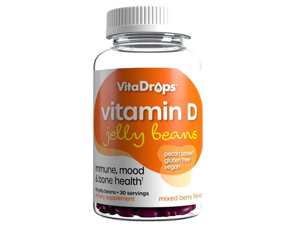 Βιταμίνη D Jelly Beans, υποστηρίζει την υγεία του ανοσοποιητικού, προωθεί την υγεία των οστών, με βάση την πηκτίνη, χωρίς λαχανικά και γλουτένη, μικτή γεύση μούρου, 90 Jelly Beans, 30 εξυπηρετούν