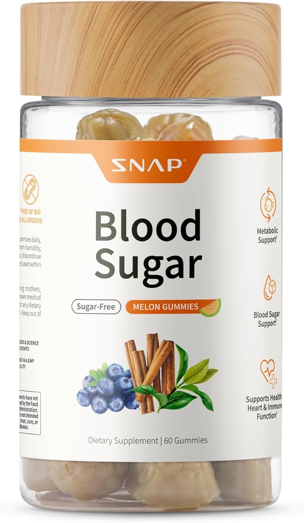 Snap Supplements Blood Sugar Gummies, Support Healthy Blood Sugar Levels and Sugar Metabolism, Chewable Blood Sugar Blend, Cinnamon Bark and Blueberry Fruit Extract, Natural Melon Flavor, 60 Gummies
