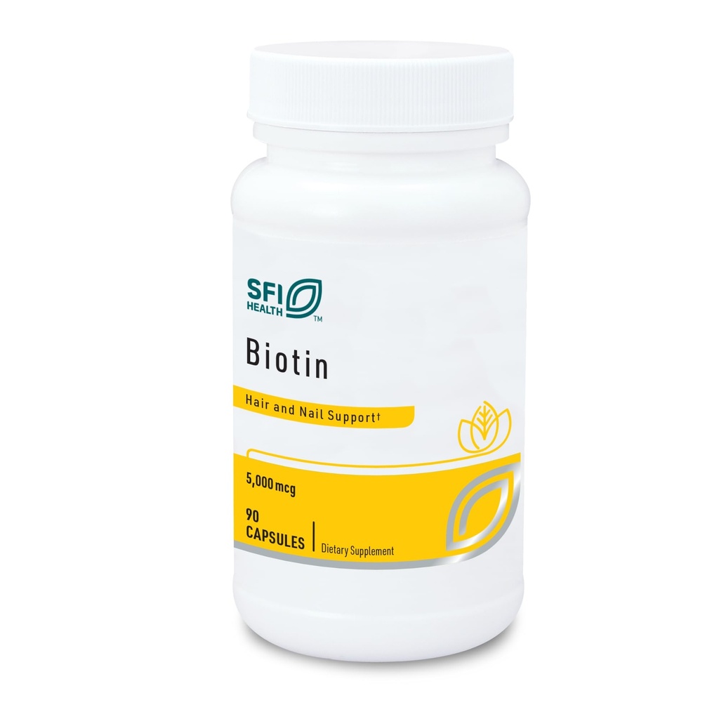 Klaire Labs SFI Health 5000mcg Χάπια Βιοτίνης - Συμπλήρωμα Βιοτίνης υψηλής ισχύος - Βιταμίνη που εμπλέκονται στη Διατροφή του δέρματος & των μαλλιών - Χωρίς καλαμπόκι, Μικρό, Easy-to-Swallow Hypoallergenic Χάπια (90 Caps)
