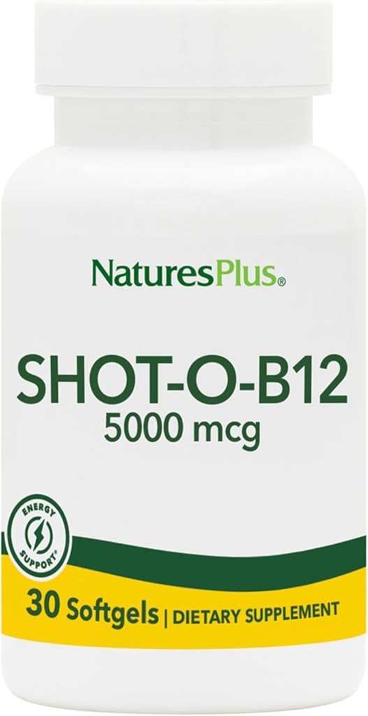 Natures Plus Shot-O-B12 (Cyanocobalamin) - 5000 mcg, 30 Softgels - High Potency, Fast Acting B12 Supplement - Memory & Energy Booster - Gluten-Free - 30 Servings