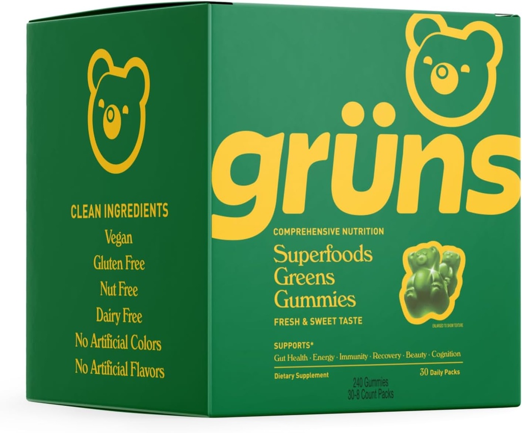 Grumns Super Greens Gummy Bears - Βιολογική Spirulina και Chlorella, Πρεβιοτικά για Digestive Health, 20+ Βιταμίνες και Ορυκτά - 30 φακελάκια - 240 Gummies