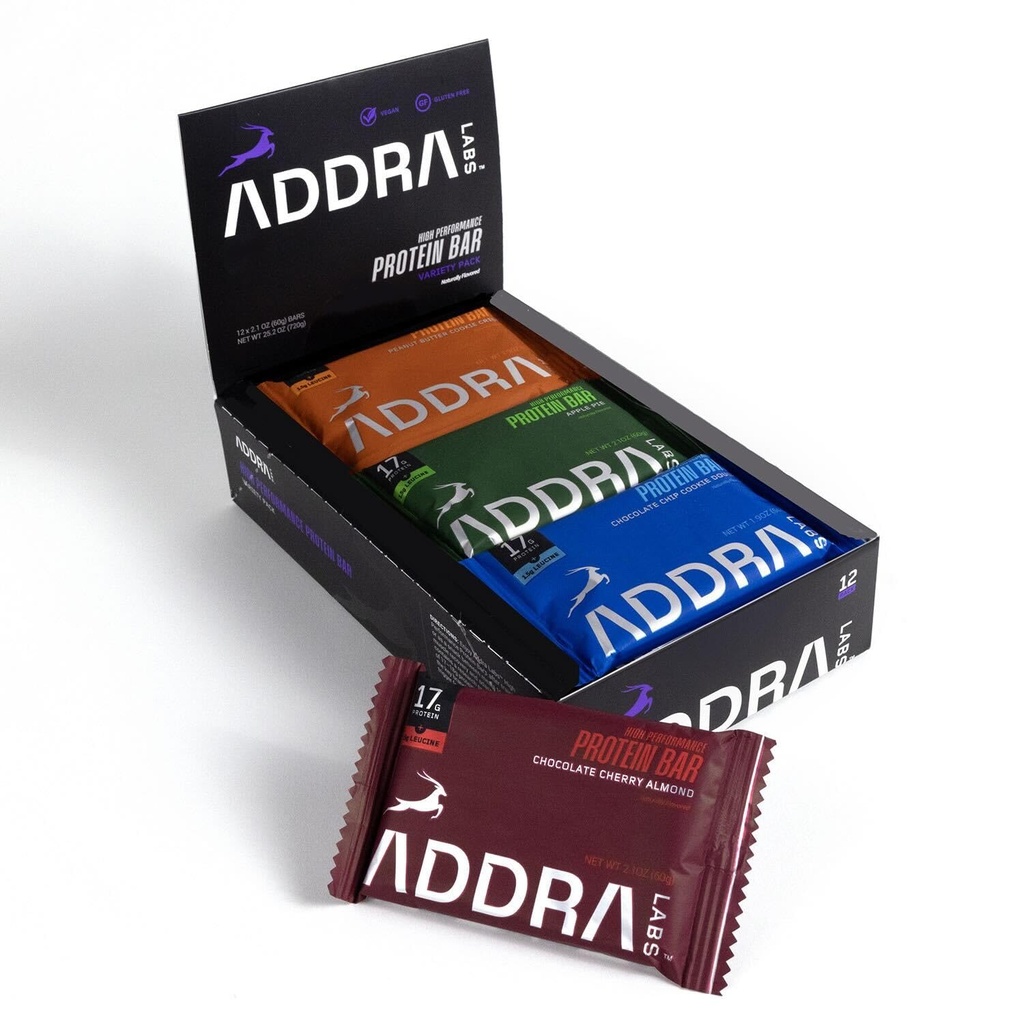 ADDRA Protein Bars - Χωρίς γλουτένη, Ράβδοι αποκατάστασης μυών υψηλής πρωτεΐνης για Runners, 17g Protein + 1,5g BCAA Leucine, χαμηλή ζάχαρη, Vegan, Plant-based, & Dairy Flavors, Mixed Case Variety Pack, 12-Pack