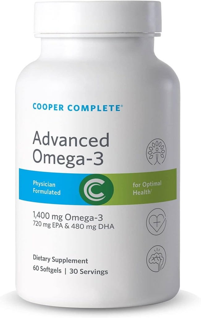 Cooper Complete - Advanced Omega 3 - συμπλήρωμα ιχθυελαίου, συμπυκνωμένο EPA + DHA Ωμέγα-3 λιπαρά οξέα 1400 mg - 60 Softgels ανά φιάλη. Συσκευασία των 2