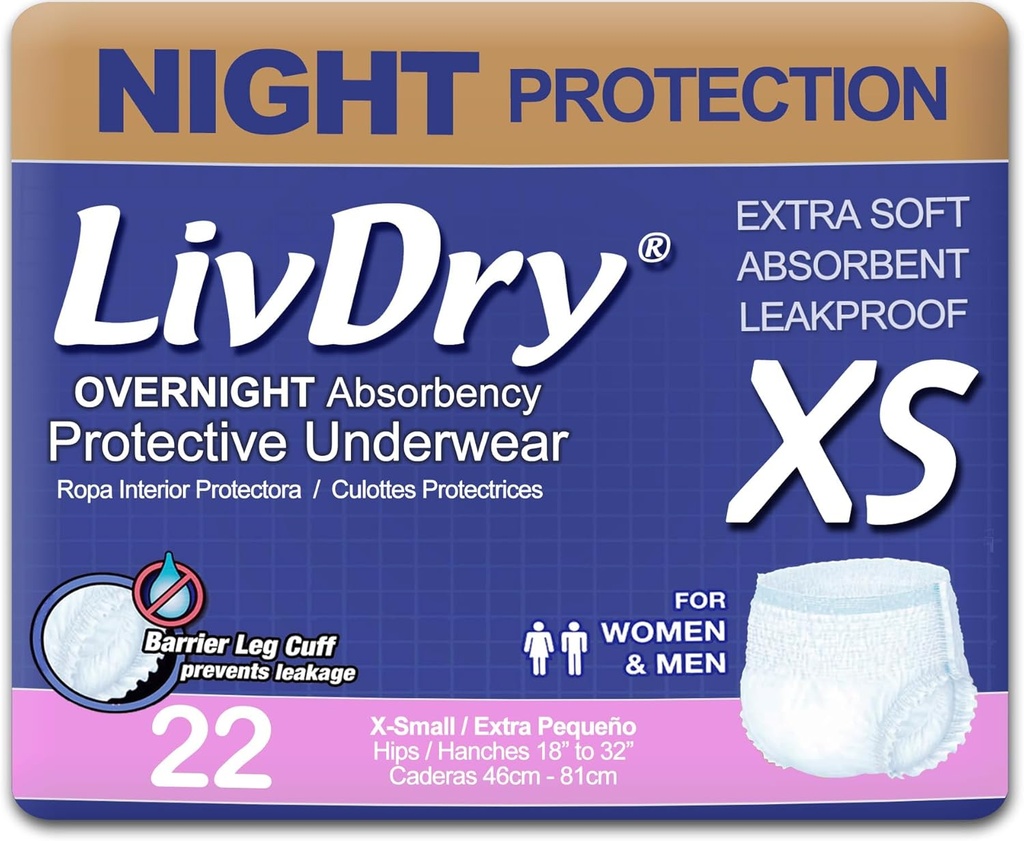 LivDry Adult XS Incontinence Underwear, Overnight Comfort Absorbency, Leak Protection, X-Small, 22-Pack