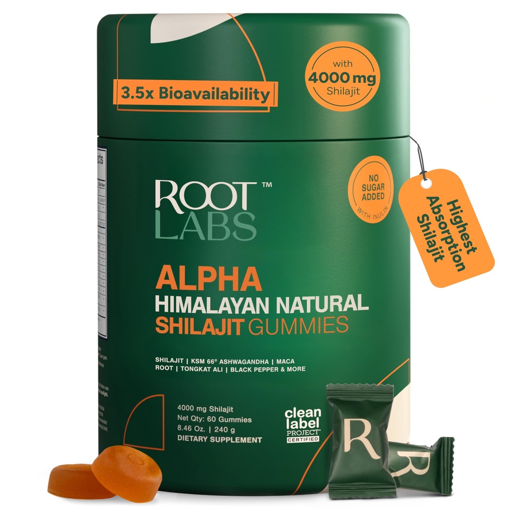 ROOT LABS 10-in-1 Alpha Shilajit Gummies | 4000 mg Pure Himalayan Shilajit with Tongkat Ali & Maca Root | Shilajit for Men & Women | ShilAbsorb Bioavailability Tech | Sugar-Free, Vegan | 60 Gummies
