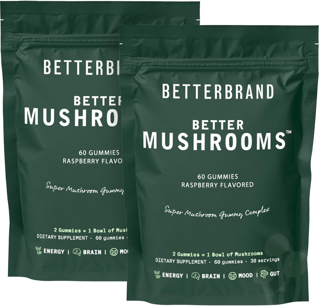 Betterbrand BetterMusrooms Nootropic Gummies - Υποστηρίζει καλύτερη υγεία ούρων, γνωστική λειτουργία, διανοητική σαφήνεια με 10 λειτουργικά μανιτάρια - 60 Gummies - Raspberry Flavor - πακέτο των 2