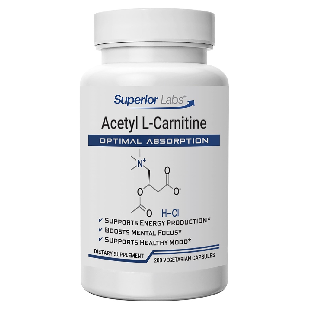 Superior Labs Acetyl L-Carnitine 500 mg, Υψηλής ισχύος ALCAR, Αμιγώς Μη-ΓΤΟ, Μη Μηδενικά Συνθετικά Πρόσθετα, Μέγιστη Απορρόφηση, Ενέργεια & Λιπαρά Μεταβολισμός, Εγκέφαλος, Νευρικό & Κυτταρικό Αποτοξίνωση Υποστήριξη, (200 Veg Caps)