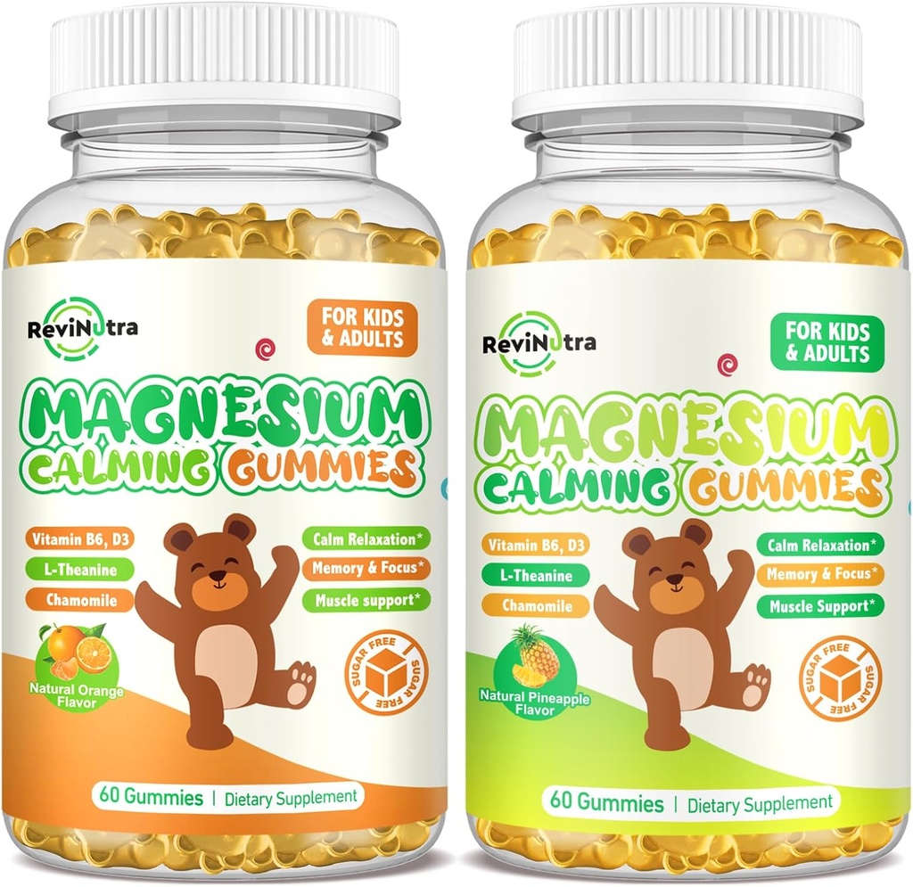 Magnesium Gummies for Kids - Magnesium Glycinate Supplement with L-Theanine, Vitamin B6, D3 for Adults & Kids, Calm Magnesium for Sleep, Relaxation, Brain, Bones, Orange & Pineapple